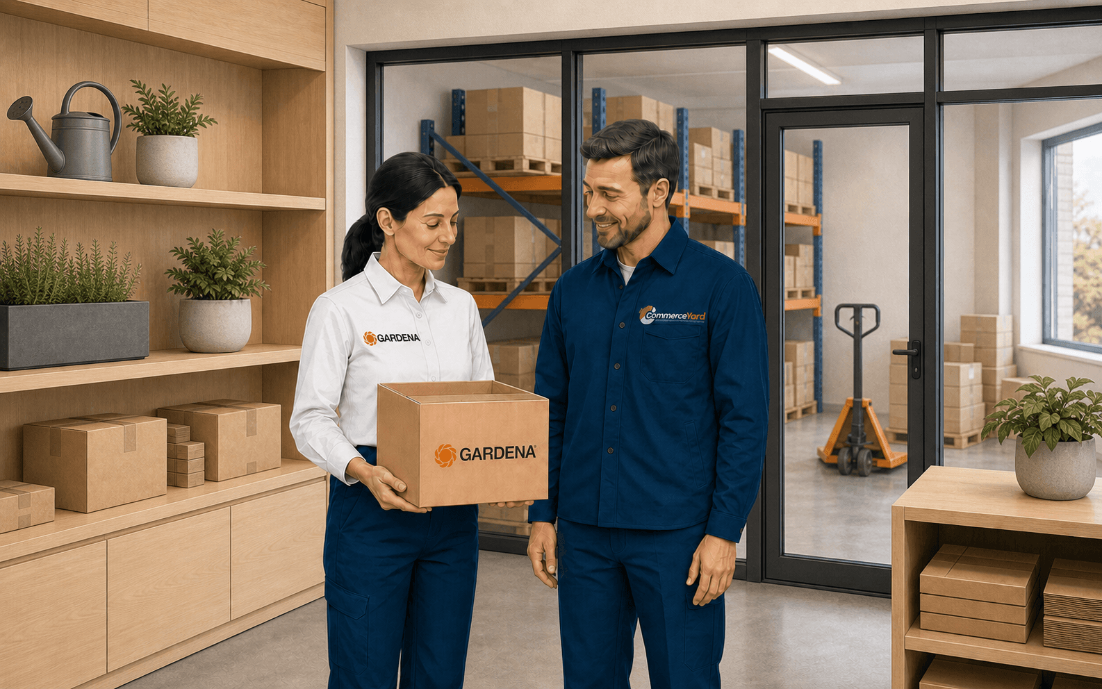 A Gardena representative and CommerceYard account manager reviewing a product in the showroom, with the warehouse behind them